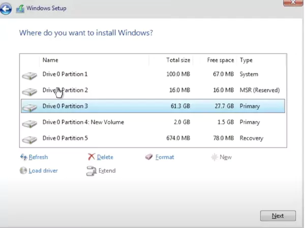 Delete all existing partitions