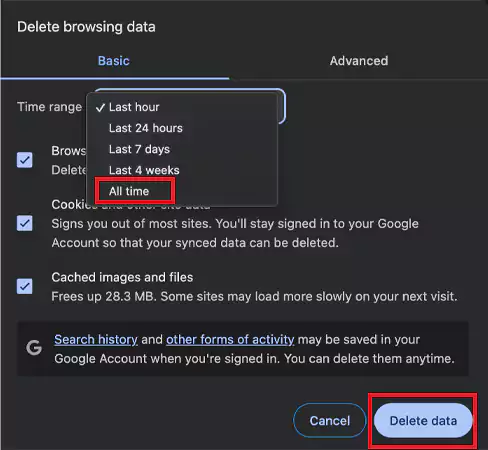 Delete browsing data