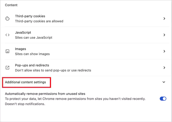 Expand Additional content settings
