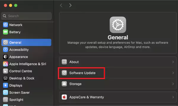 Go to Software Update settings
