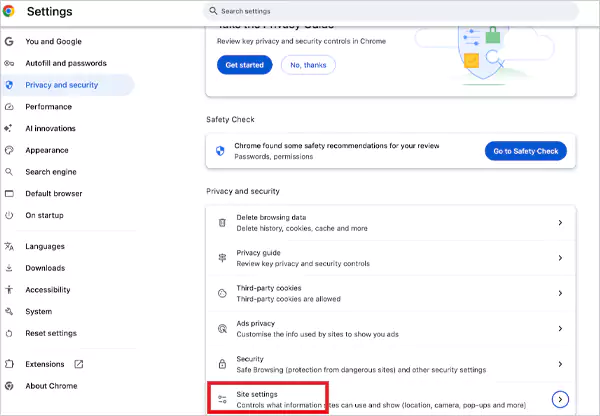 Privacy and security then Site settings