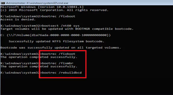 Run the bootrec commands