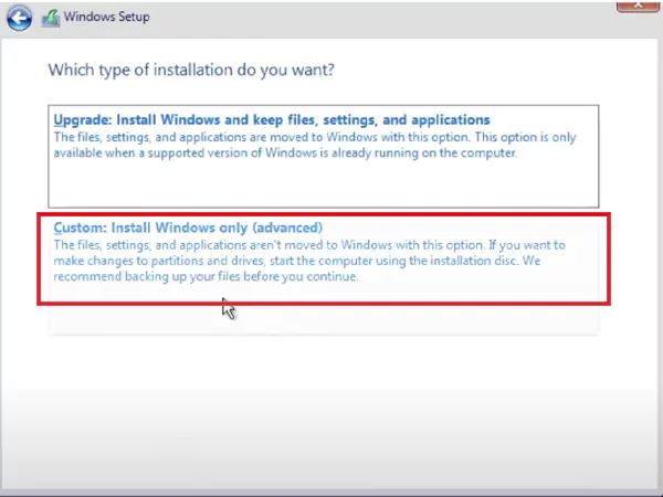Select Custom Install Windows only