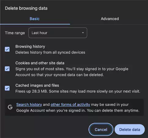 Select all types of browsing data