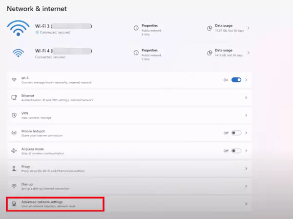 Settings then Network Internet then Advance network settings