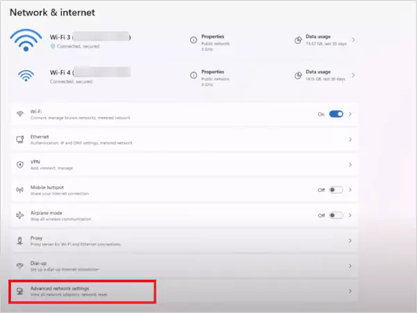 Settings then Network and Internet then Advance network settings