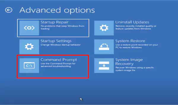 Troubleshoot then Advanced Options then Command Prompt