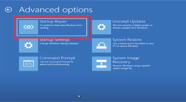 Troubleshoot then Advanced Options then Startup Repair