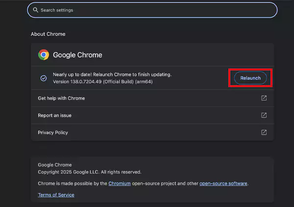 Update or relaunch Chrome