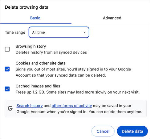 Clear cache and cookies