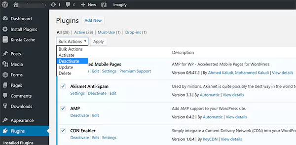 Deactivate plugins on WordPress