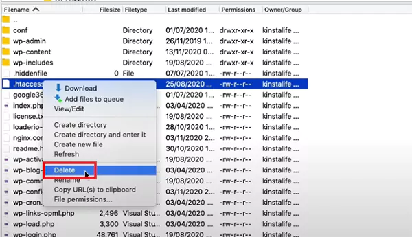 Delete the htaccess file