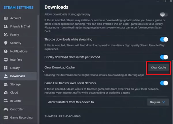 Clear download cache on Steam