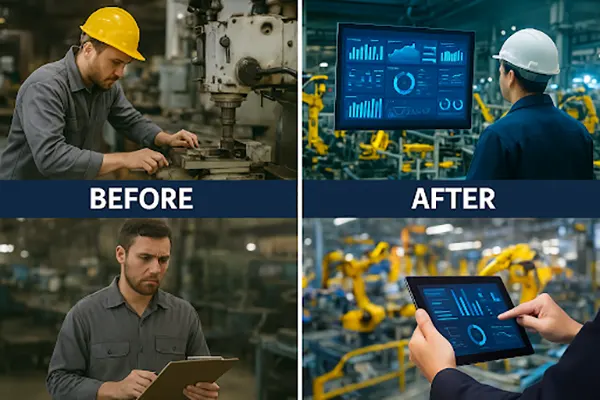 Comparison of a manufacturing industry worker, before and after the integration of smart systems