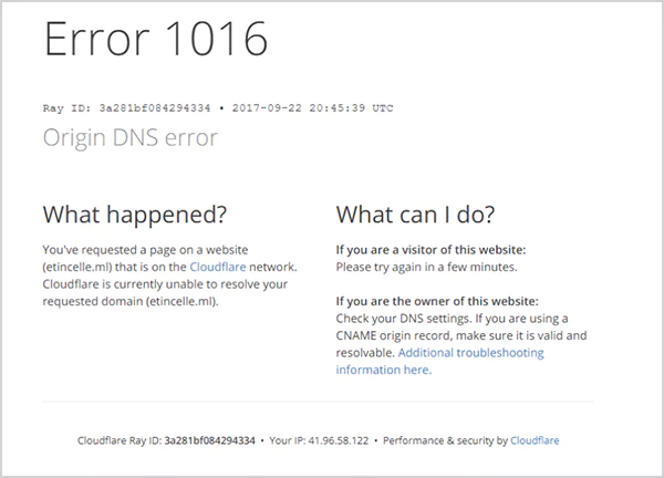 Error 1016 Origin DNS Error message