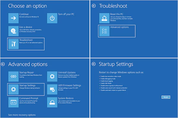 Troubleshoot Advanced Options Startup Settings Restart