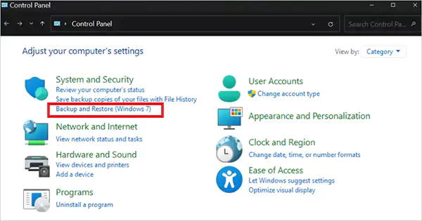 Click on Backup and Restore
