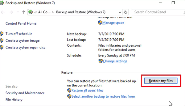 Click on Restore my files
