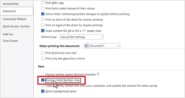 Enable Always create backup copy in MS Word