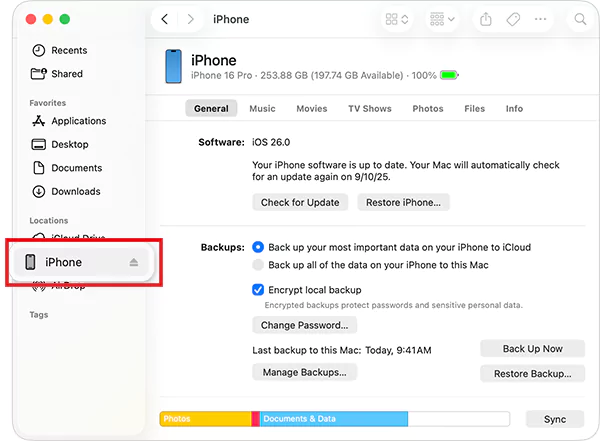 Go to iPhone from the sidebar