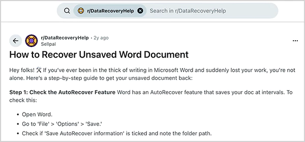 How to recover unsaved Word documents query on Reddit