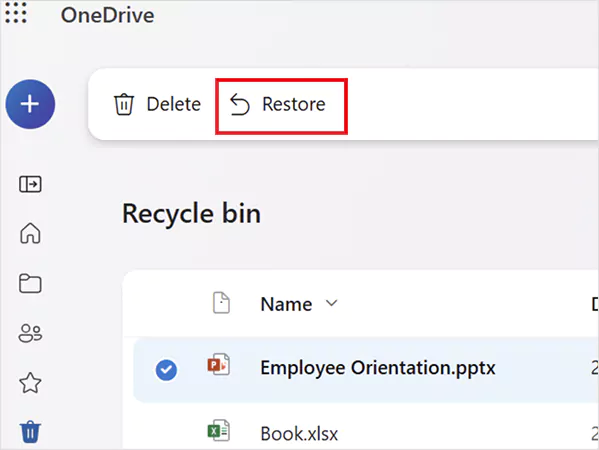 OneDrive Recycle Bin Select File Restore