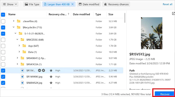 Select the file and click on Recover