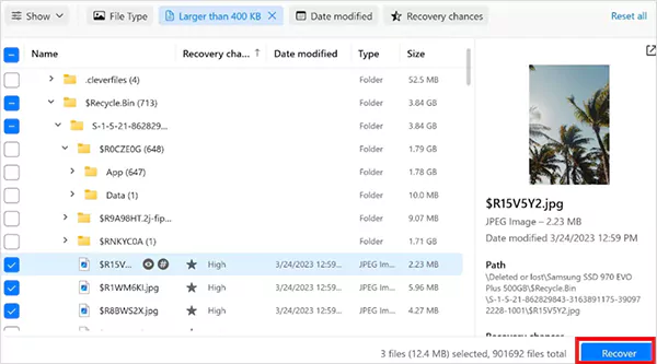 Select the file and click on Recover