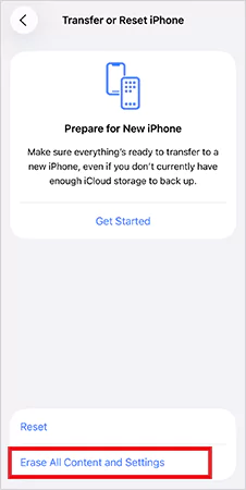 Tap on Erase All Content and Settings