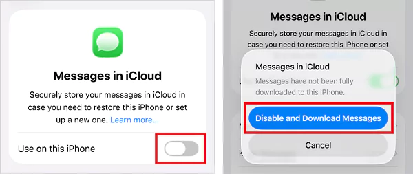 Turn Messages in iCloud off then Disable and Download Messages