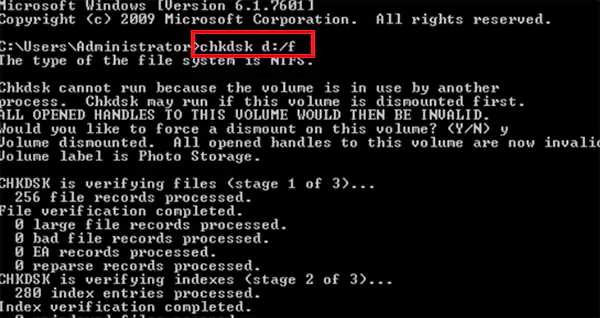 Type chkdsk D f