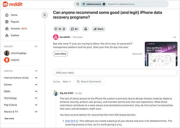iPhone data recovery queries on Reddit