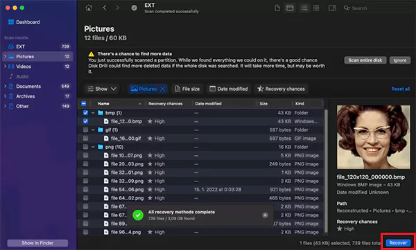 Choose the files and click on Recover