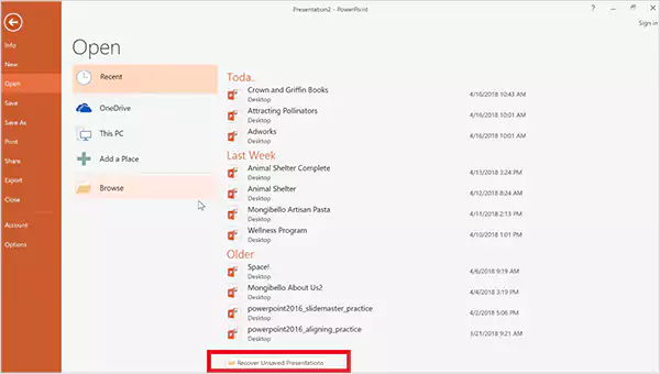 Click on Recover Unsaved Presentation