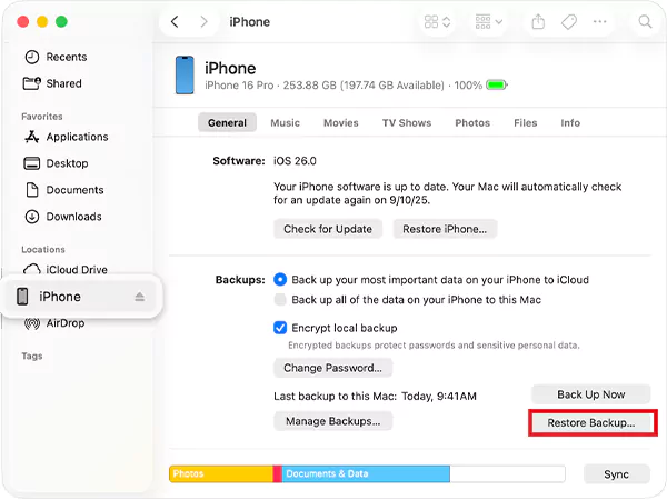 Click on Restore Backup