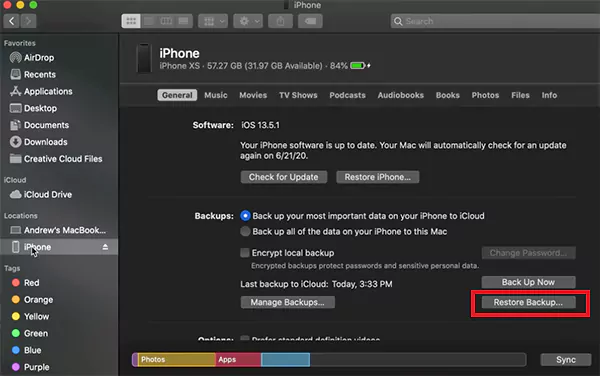 Click on Restore Backup