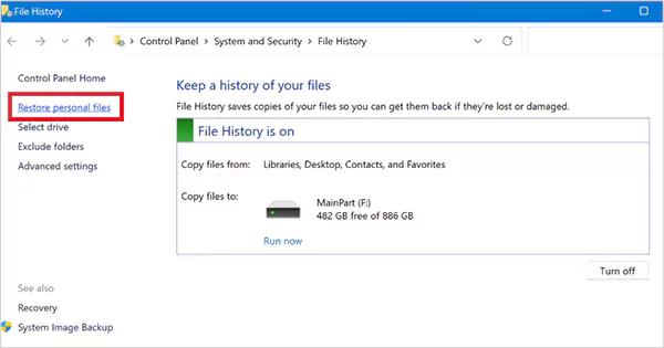 Click on Restore personal files