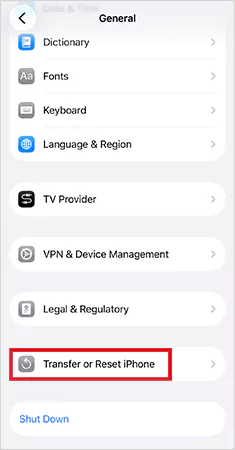 General then Transfer or Reset iPhone