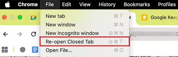 Go to File Re open Closed Tab