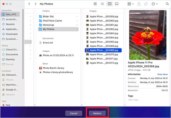 Select the file and restore