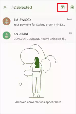 Select the messages and tap on the Unarchive button
