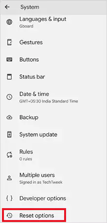 Settings System Reset Options