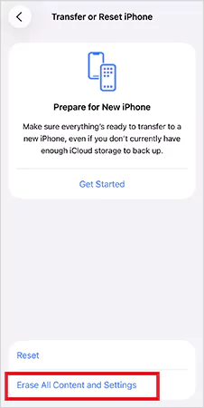 Tap on Erase All Content and Settings