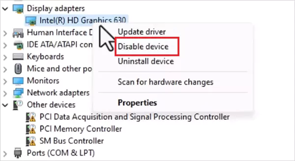 Click on Disable device