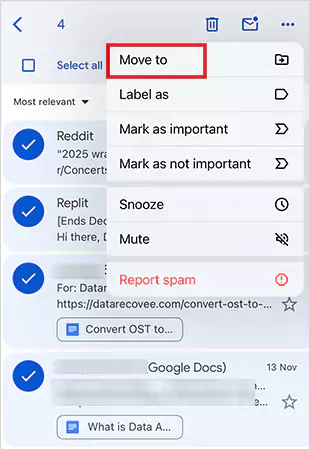 Long press an email select multiple emails Tap on Move to