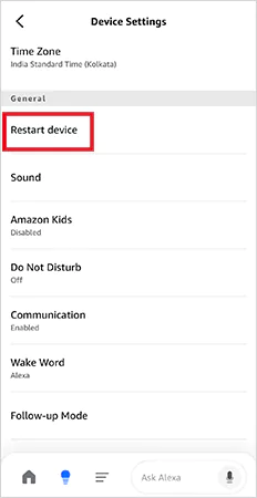 Restart device from the Alexa app