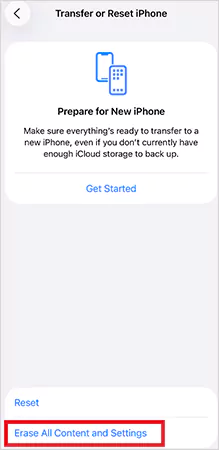 Tap Erase All Content and Settings