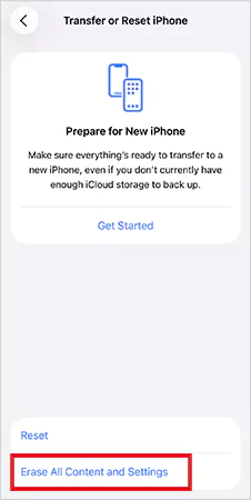 Tap on Erase All Content and Settings