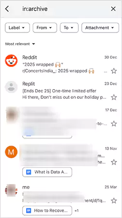 inarchive search results in Gmail app