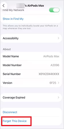 Bluetooth settings AirPods Max Forget This Device